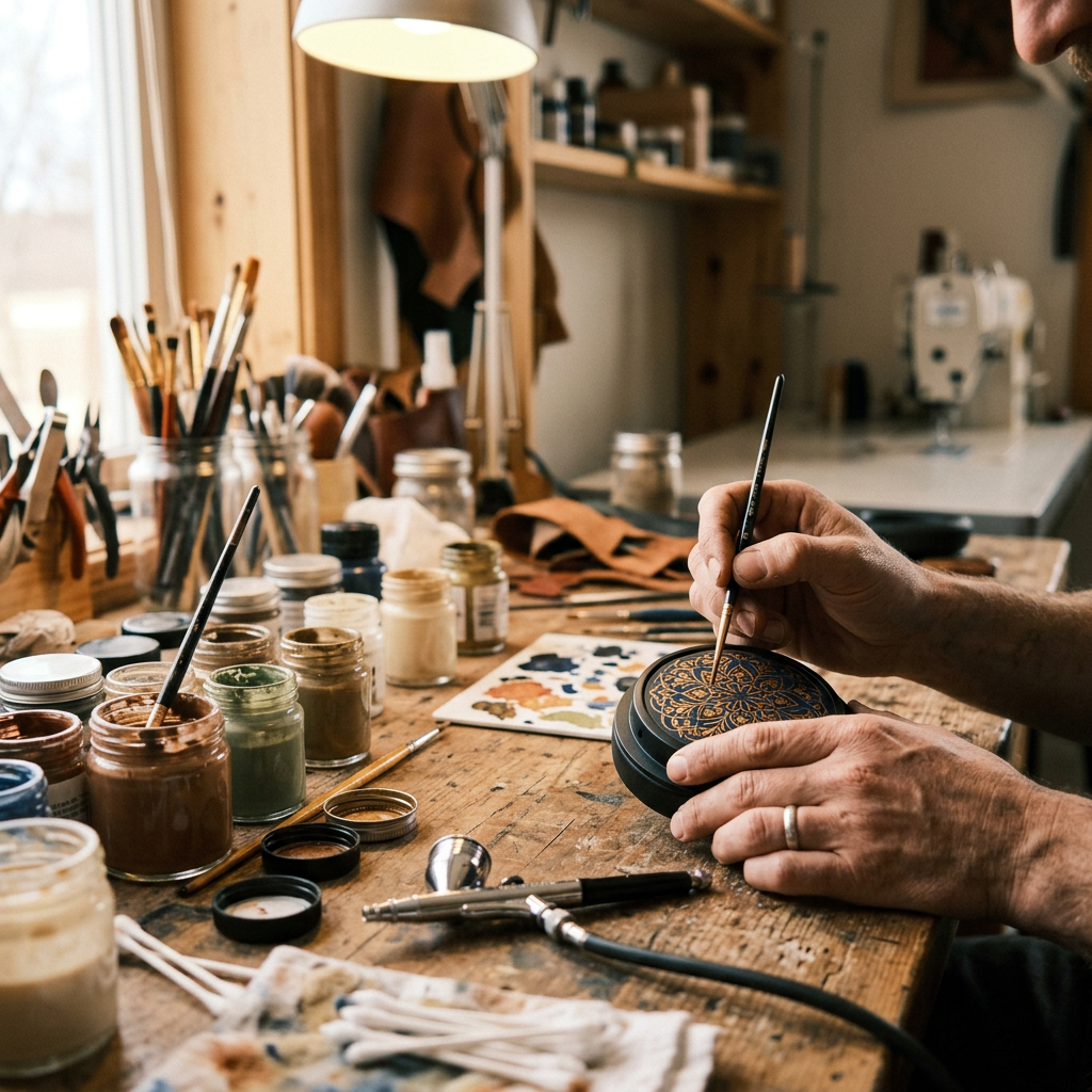 Artist hand-painting a cover — studio shot